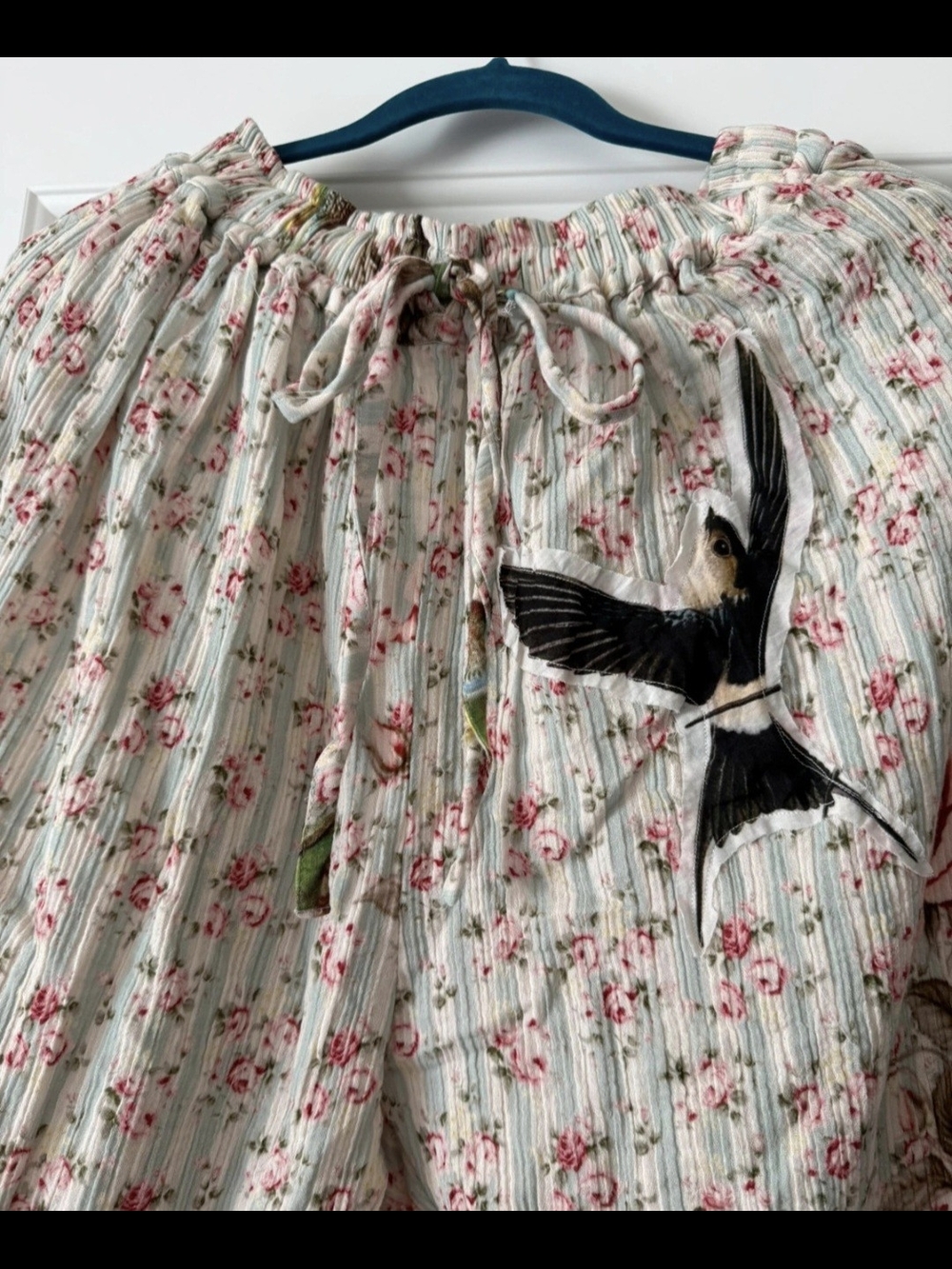 Floral Bird Print Elastic Waist Ruffle Hem Bottoms - Cream Xl New Without Tags - Picture 4 of 12